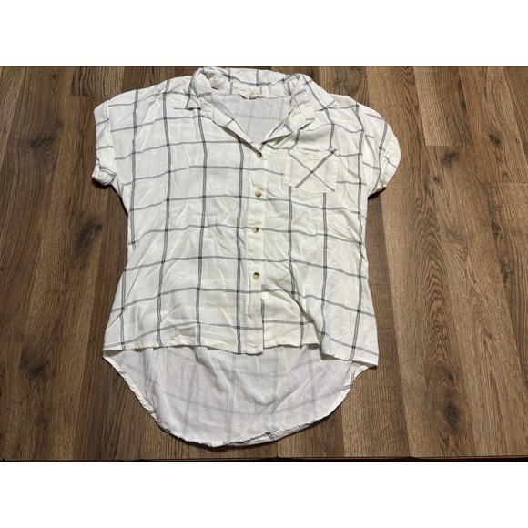 Sim & Sam Tops - Sim & Sam Shirt Womens Size L White Plaid Button Down High Low Short Sleeve